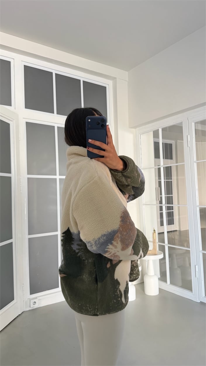 Yeşil Geyik Desenli Fermuarlı Polar Sweatshirt GAUS-01914 GAUS-01916