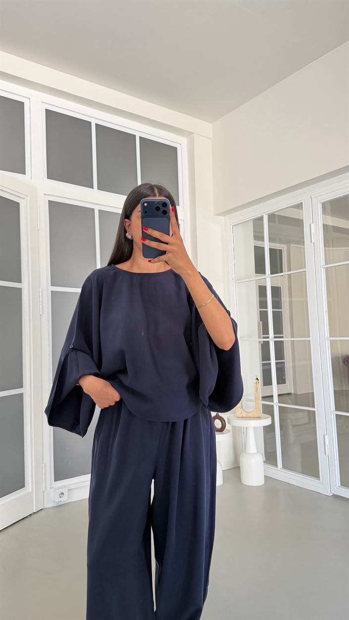 Lacivert Yarasa Kol Bluz Beli Lastikli Şalvar Pantolon İkili Tencel Takım GAUS-01840