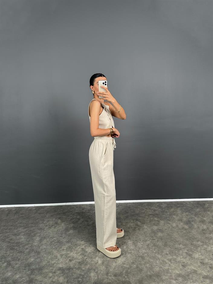 Pony Taş Keten Karışımlı Crop Pantolon Takım