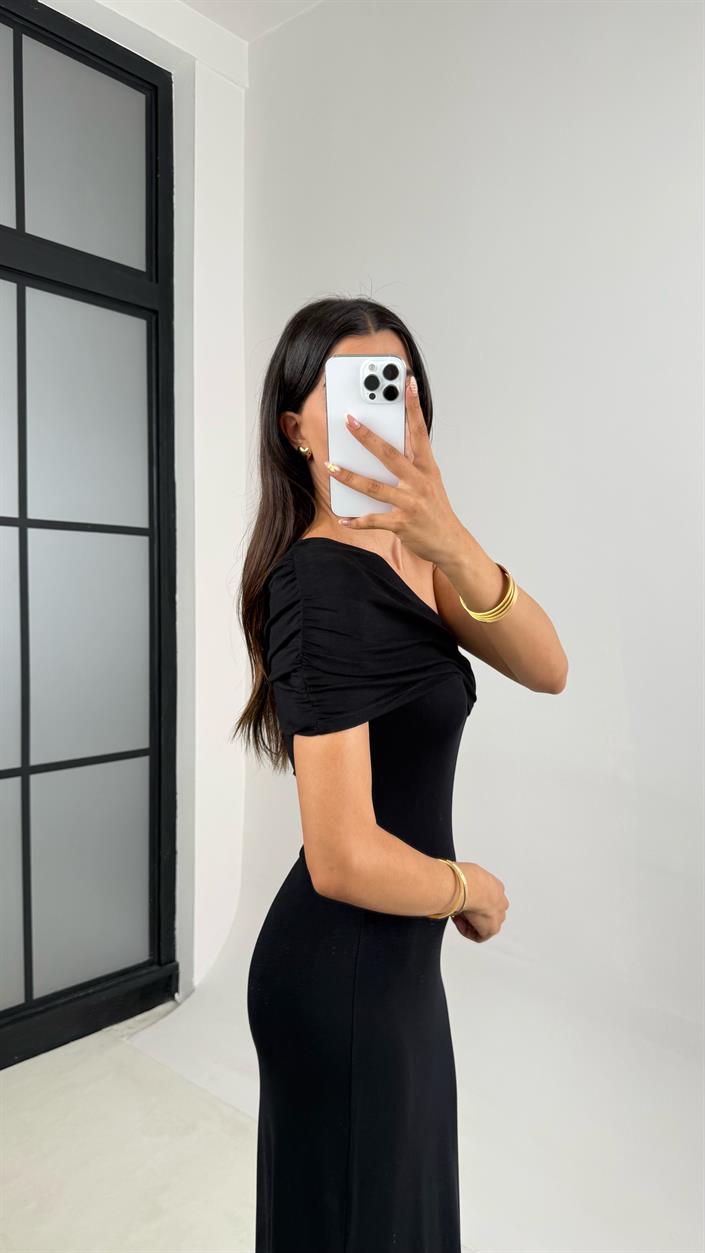 Siyah Tek Omuz Maxi Boy Elbise Gaus00685
