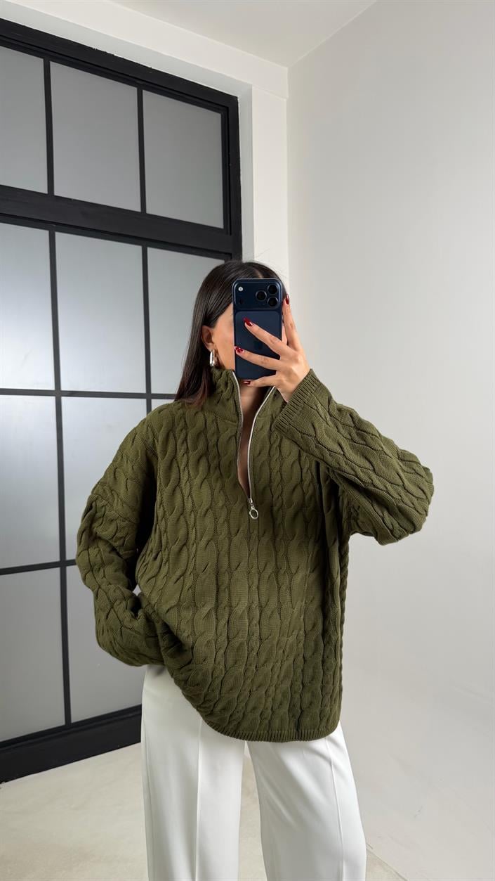 Haki Fermuarlı Örgü Kazak GAUS-00213