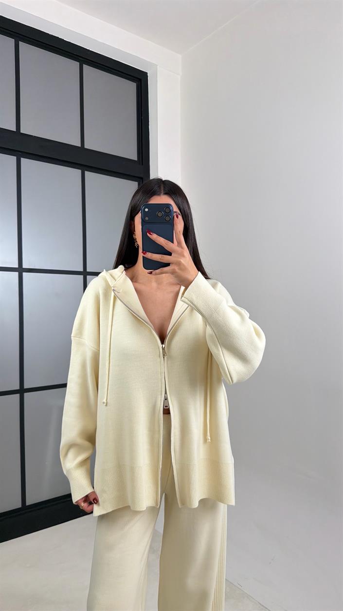 Ekru Çift Fermuarlı Kapüşonlu Hırka Beli Lastikli Pantolon İkili Triko Takım GAUS-00676
