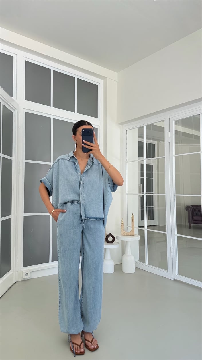 Mavi Gömlek Ayarlanabilir Pantolon İkili Tencel Denim Takım GAUS-01771