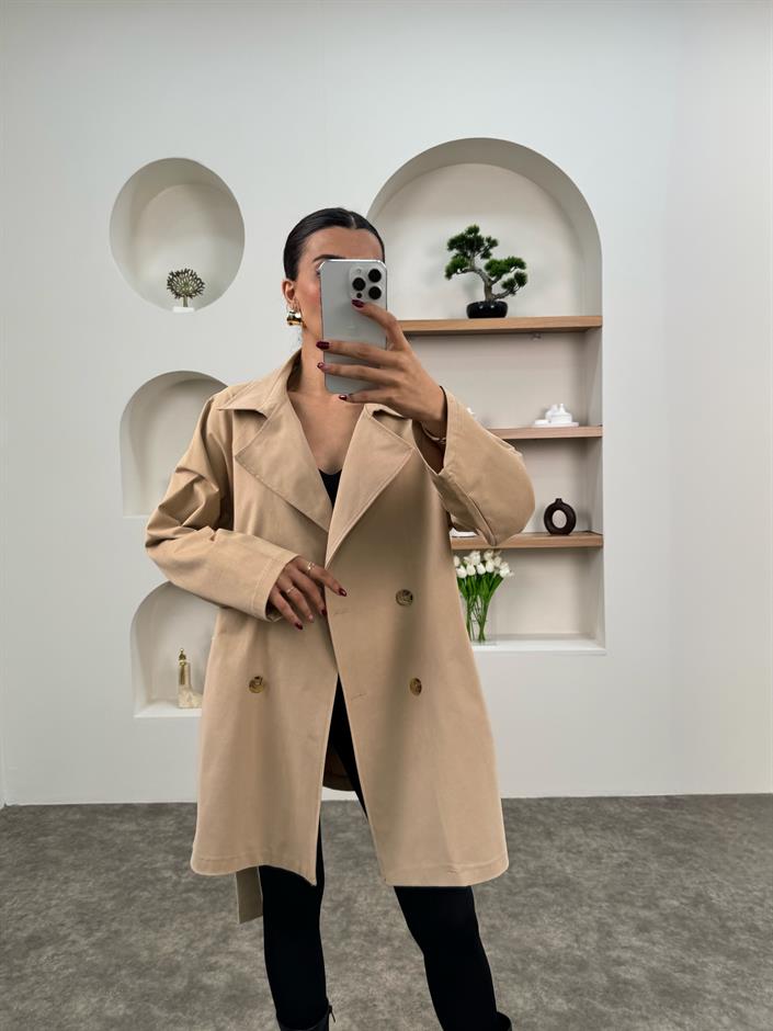 Anabel Bej Kemerli Orta Boy Astarsız Trençkot