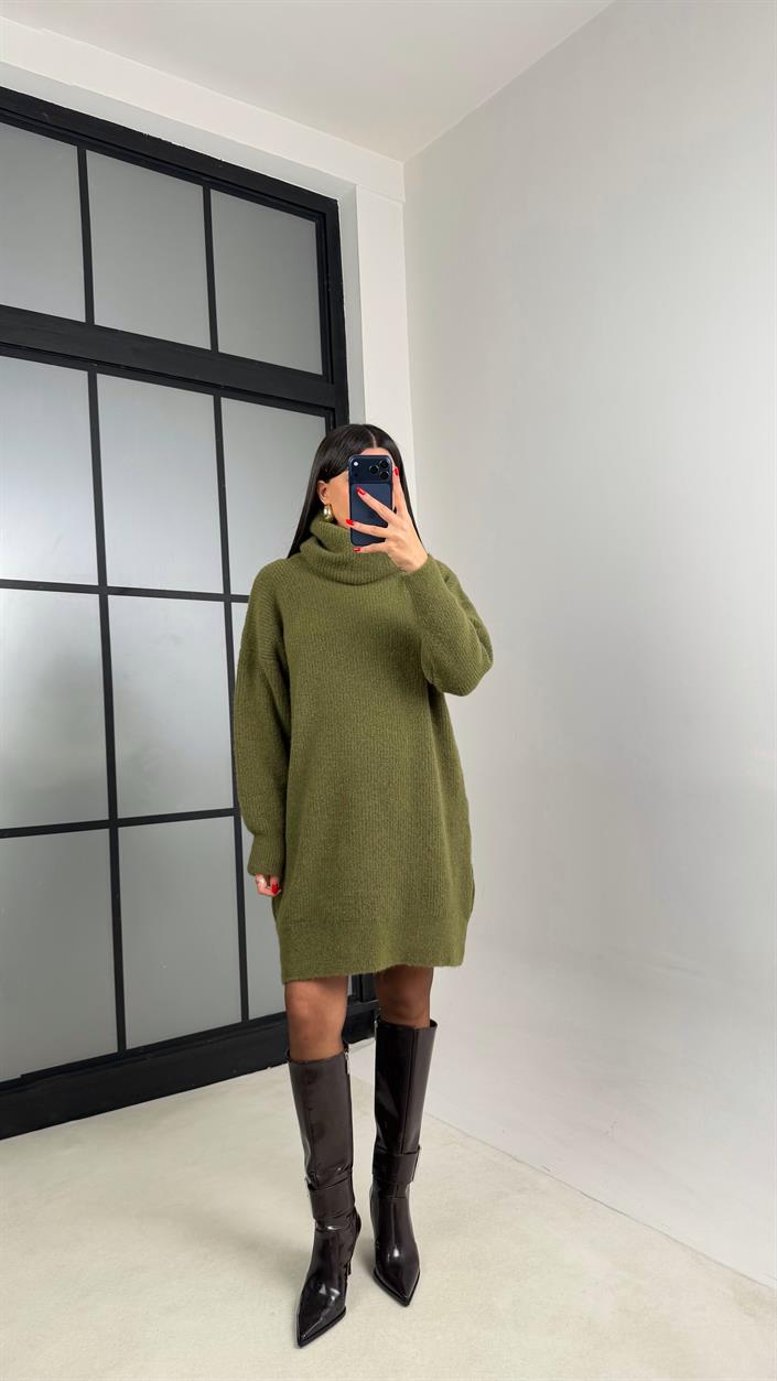Yeşil Balıkçı Yaka Oversize Triko Elbise GAUS-00900