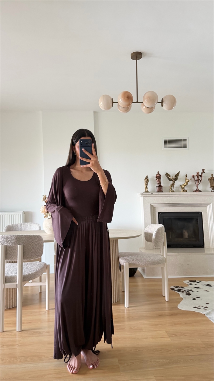 Kahve Yumuşak Dokulu Likralı Kuşaklı 3lü Premium Takım GAUS-01777