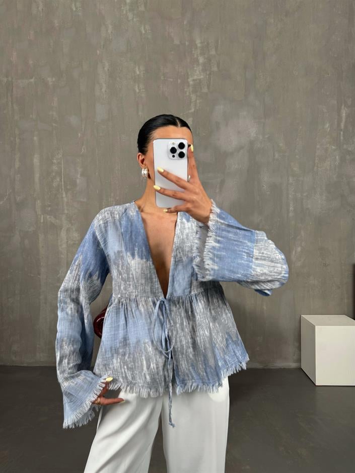 Mavi Önden Bağlamalı Müslin Ebruli Bluz Gaus00088