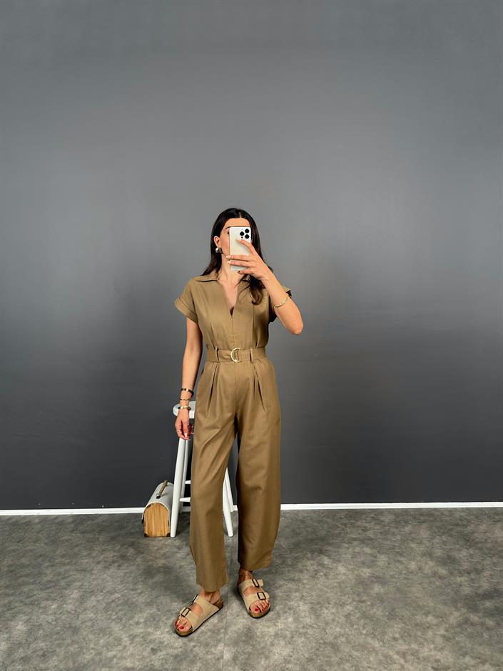 Tatissi Koyu Yağ Yeşili  Kemer Bağlamalı V Yaka Keten Tulum