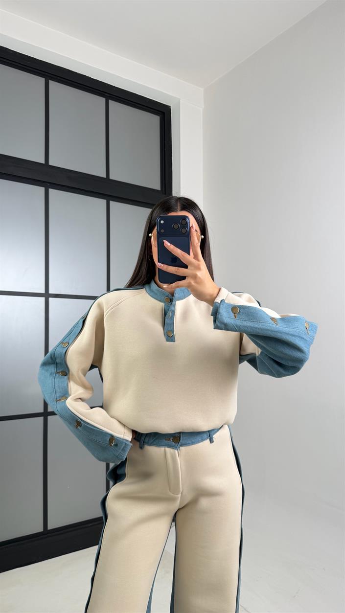 Taş Denim Detaylı Şardonlu Sweatshirt Eşofman Takım GAUS-00839