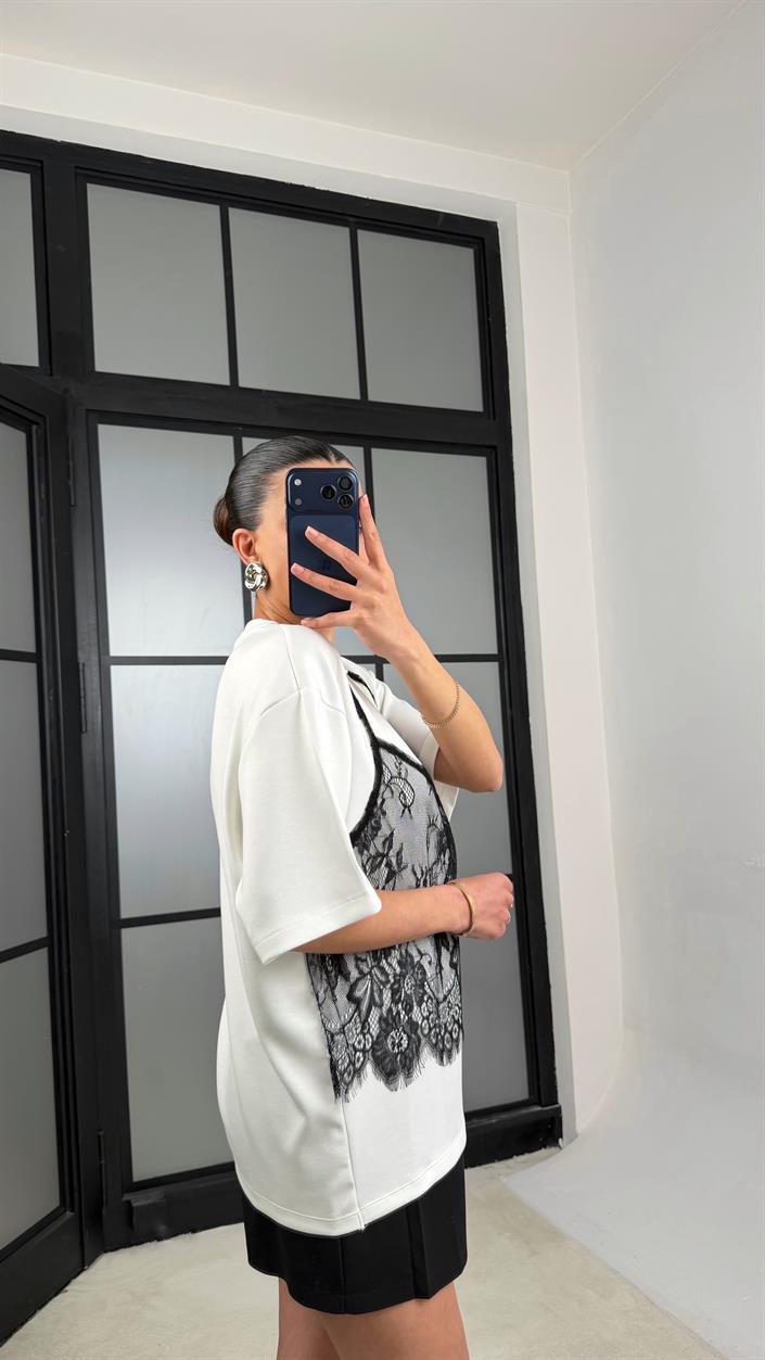 Ekru Dantel Atlet Detaylı Tshirt GAUS-01370