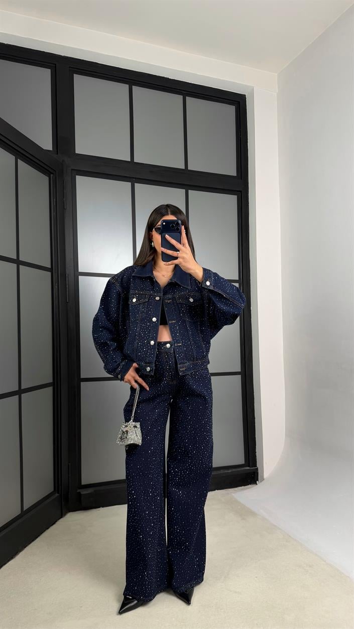 Lacivert Premium Taşlı Denim İkili Takım GAUS-01191