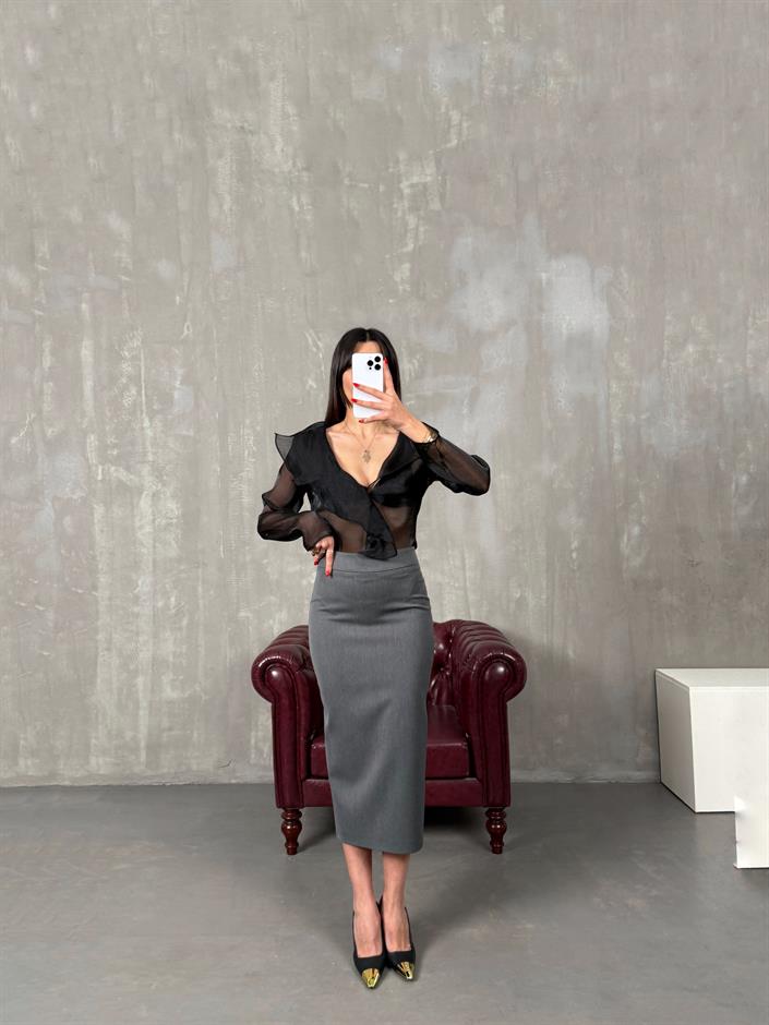 Nalya Gri ZR Model Yırtmaçlı Kalem Etek