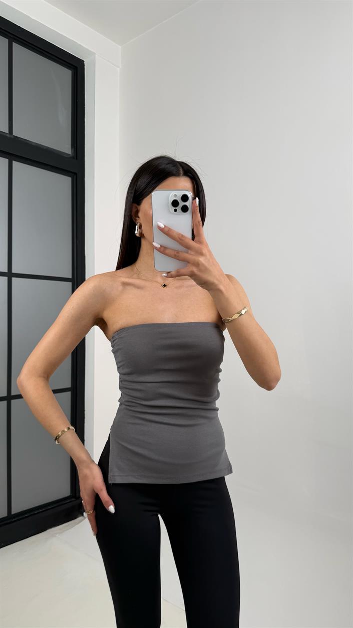 Antrasit  Yanları Yırtmaçlı Straplez Crop Gaus00368