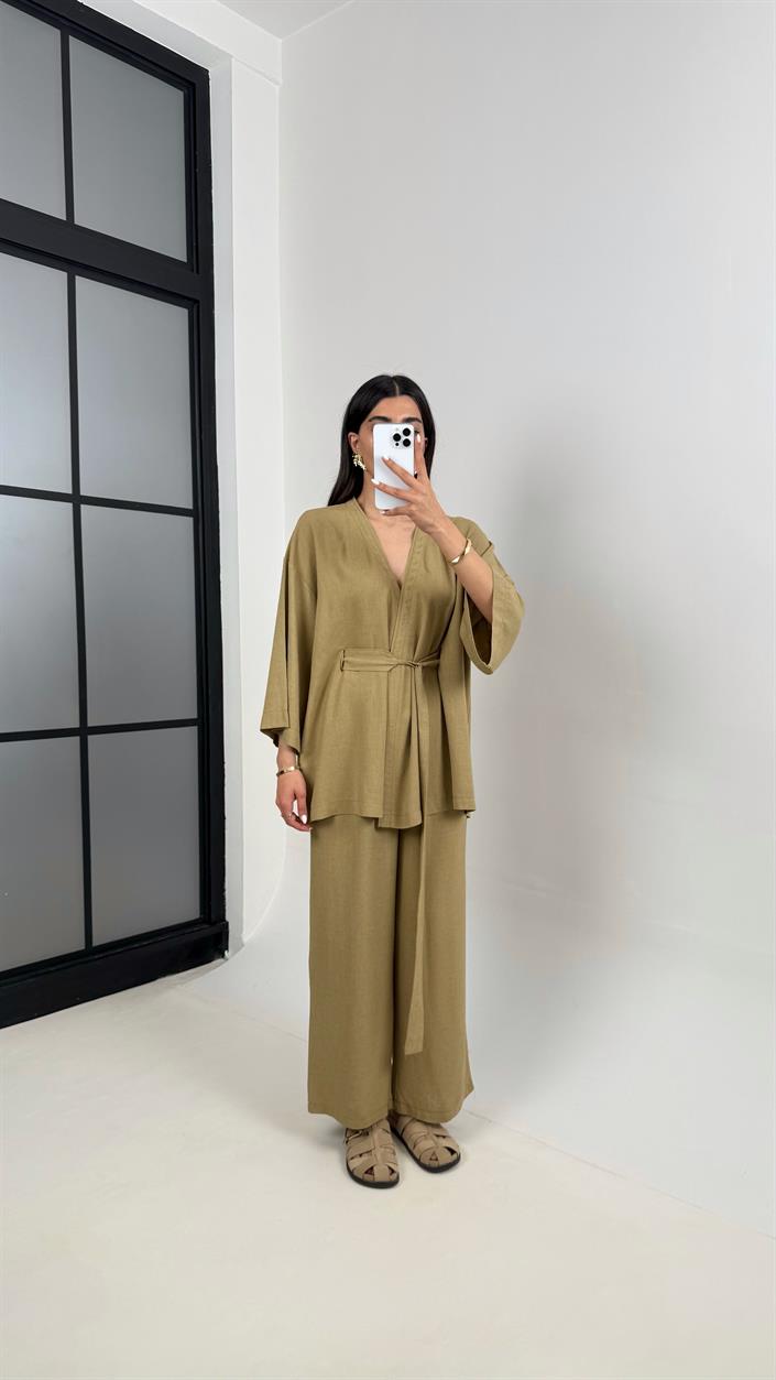 Haki Kuşaklı Kimono Beli Lastikli Cepli Pantolon Keten Takım Gaus00397