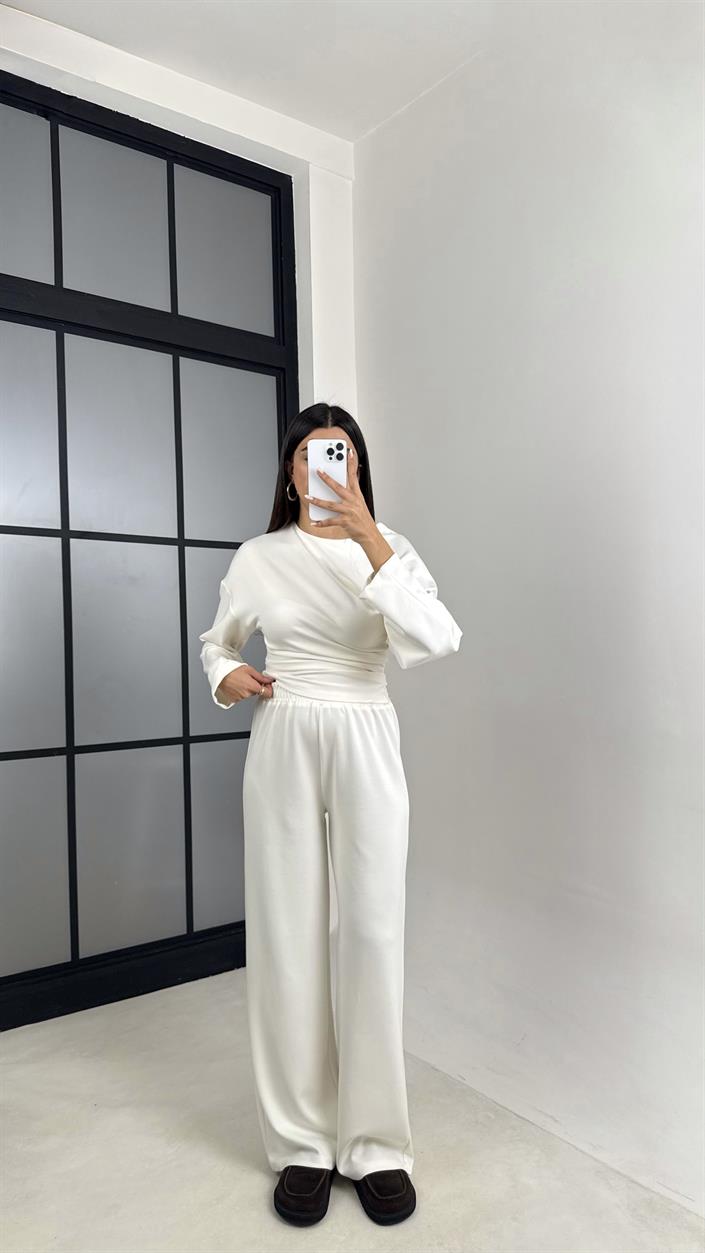 Ekru Yarasa Kol Bluz Beli Lastikli Pantolon Tasarım Modal Takım GAUS-00572