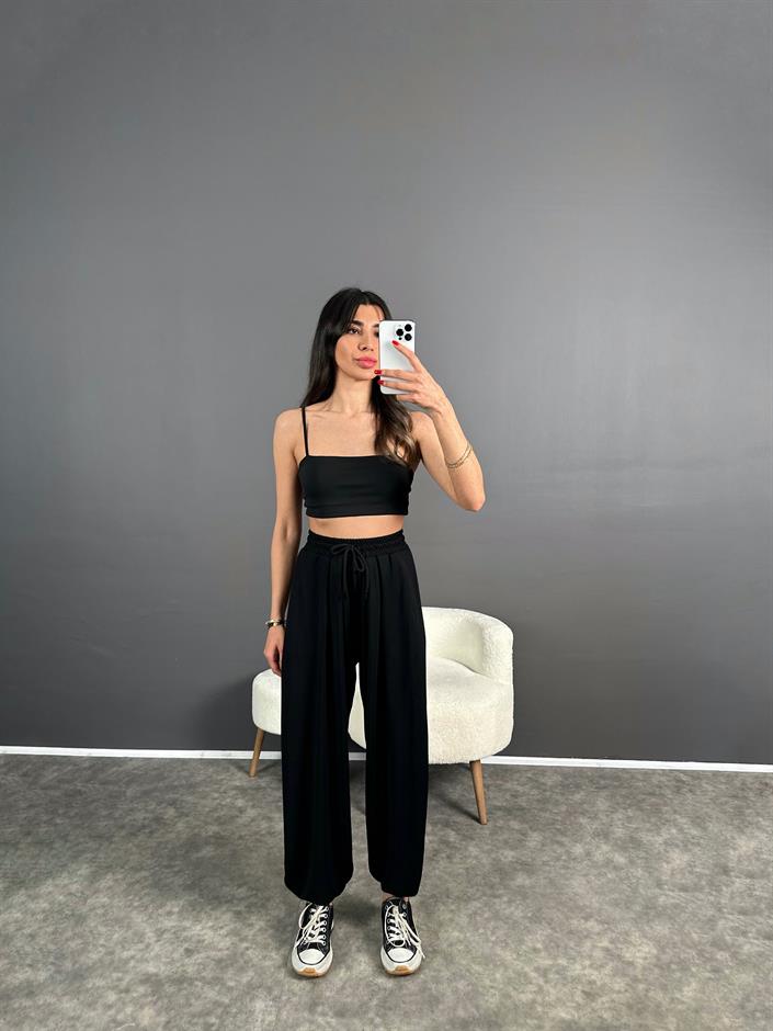 Siyah Pike Modal Kumaş Şalvar Pantolon 