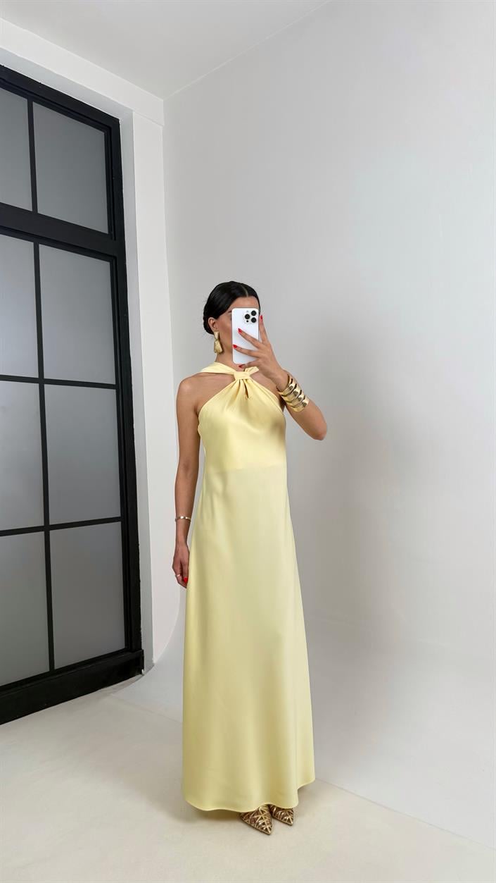 Sarı Bağlama Detaylı Saten Elbise Gaus00503