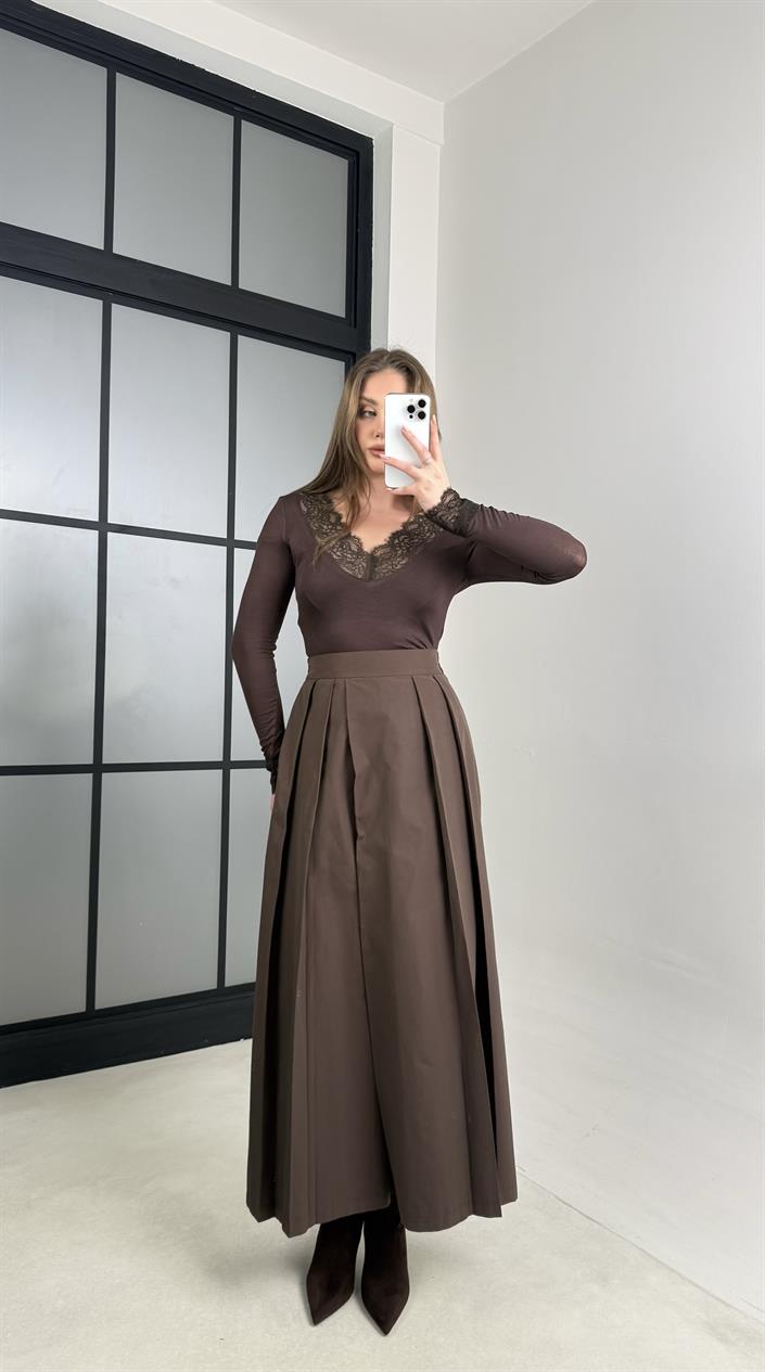 Kahve Beli Lastikli Tasarım Pantolon GAUS-00994