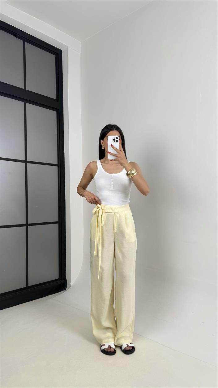 Sarı Yan Bağlamalı Tasarım Tencel Pantolon Gaus00500