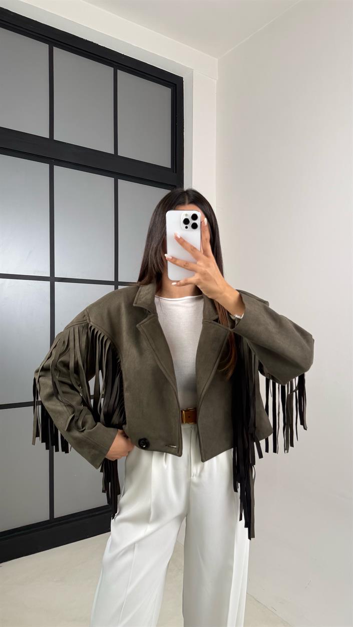 Haki Vintage Püsküllü Süet Ceket GAUS-00483