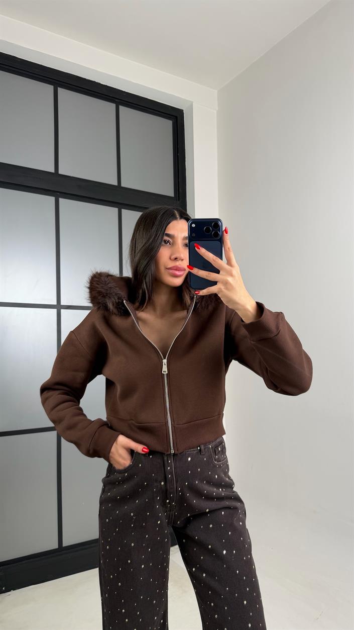 Kahve Kürk Yakalı Şardonlu Premium Sweatshirt GAUS-00959