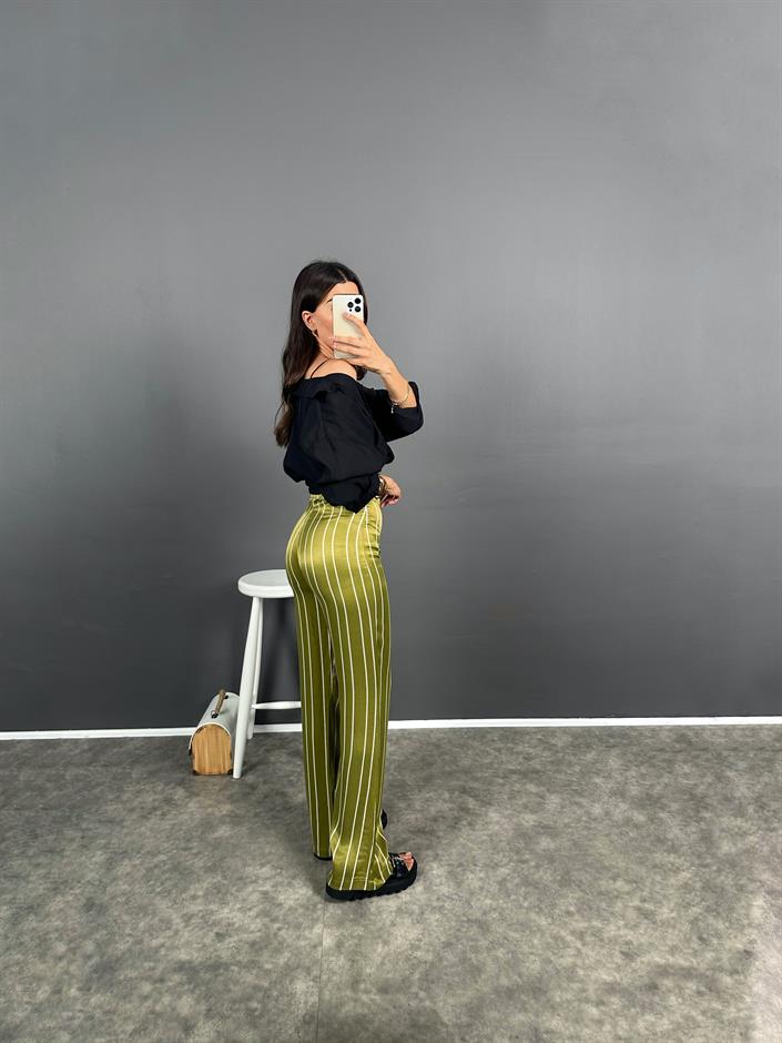Ryn Yeşil Saten Çizgili Zr Model Pantolon