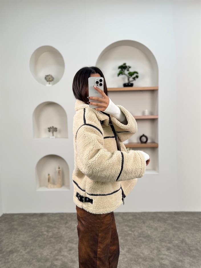 Dash Taş Deri Şeritli Peluş Biker Mont