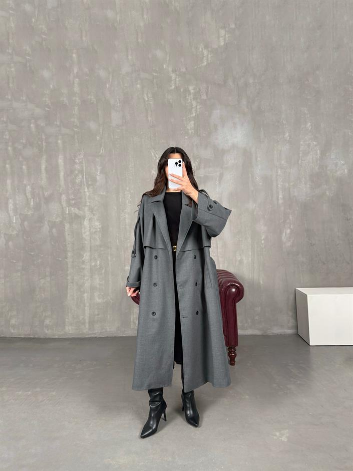 Telsa Antrasit Kuşaklı Poliviskon Astarlı Premium Trençkot 