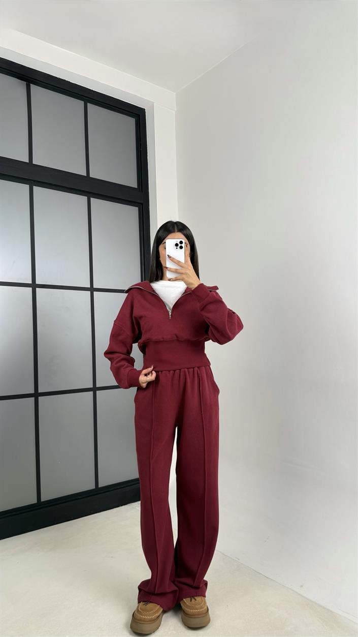 Bordo Selanik Tshirtlü 3Lü Örme Takım GAUS-00154