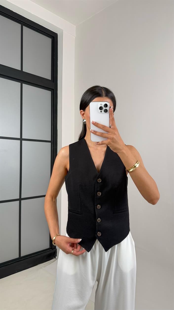 Siyah Astarlı Kırışık Kumaş Yelek Gaus00539