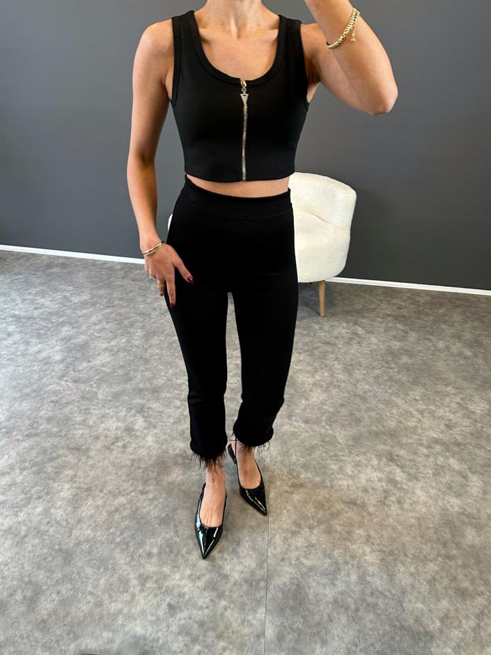 Siyah Paçası Otrişli Tayt Pantolon