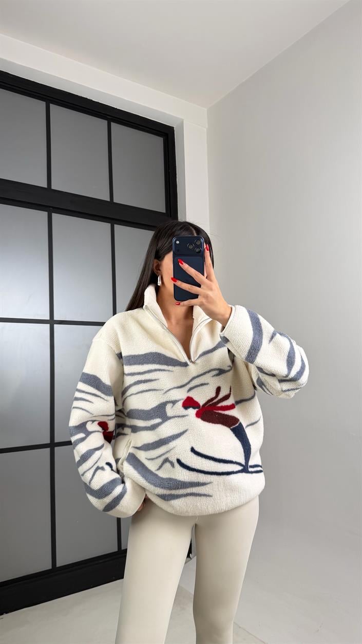 Krem Fermuarlı Kızak Desenli Polar Sweatshirt Gaus-00723 gaus-01029