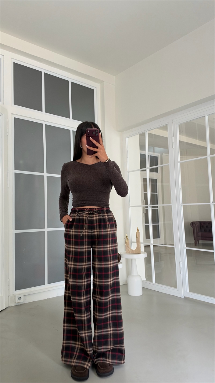 Bordo Beli Lastikli Ekose Desenli Pantolon GAUS-02104