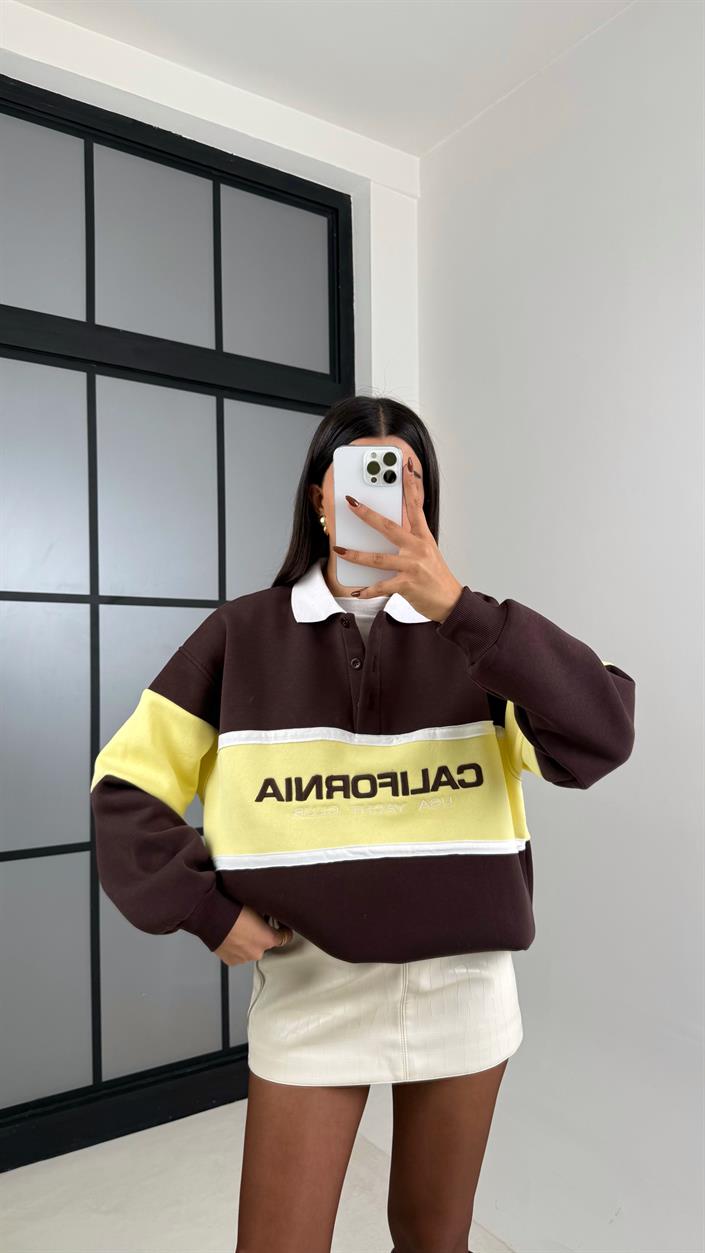 Kahve California Yazılı Şardonlu 3 İplik Sweatshirt GAUS-00471
