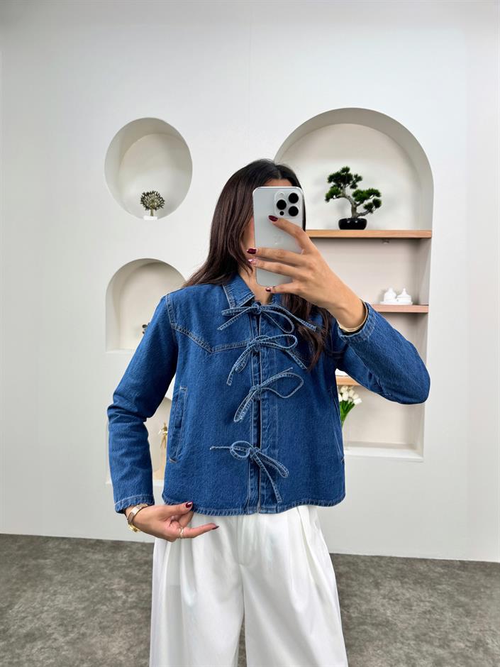 MD Mavi Bağlamalı Denim Yandan Cepli Tasarım Ceket