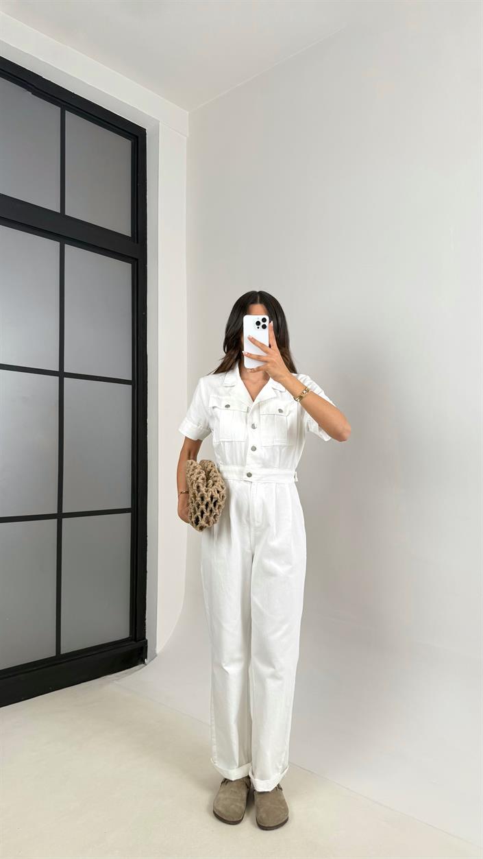 Beyaz Cep Detaylı Düğmeli İnce Denim Tulum Gaus00529