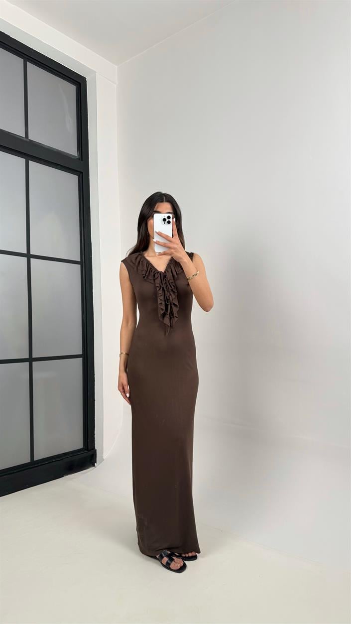 Kahve Önü Bağlamalı Yaka Fırfır Detaylı Elbise Gaus00347