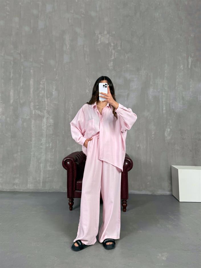 Pembe Cepli Gömlek Beli Lastikli Pantolon Tensel Takım Gaus00134