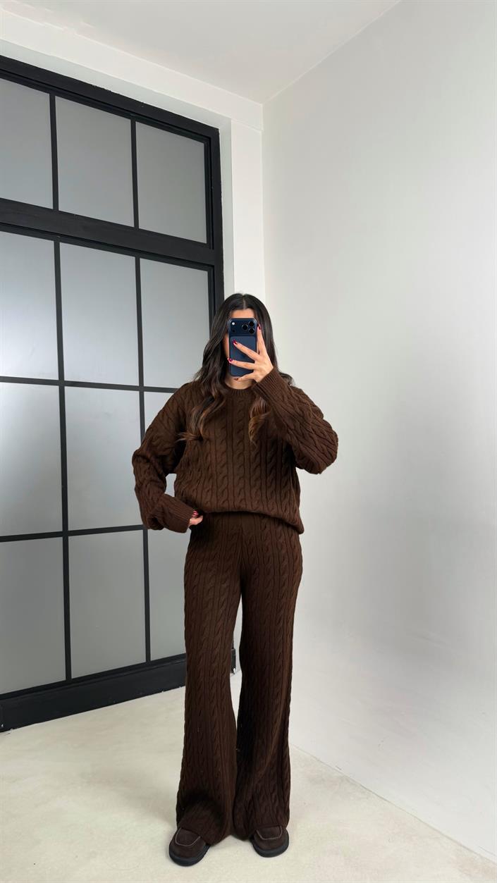 Kahve Saç Örgülü Kazak Beli Lastikli Pantolon Triko Takım GAUS-00592