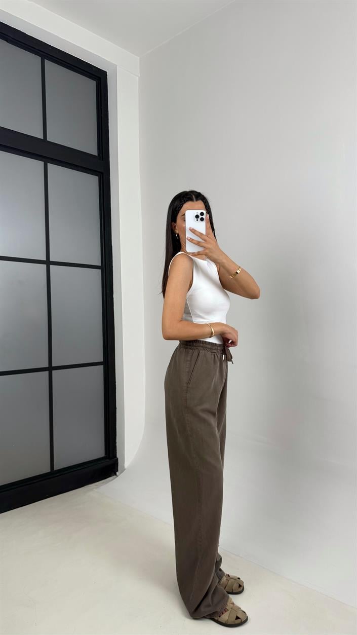 Kahve Beli Lastikli Muadil Gabardin Pantolon Gaus00557