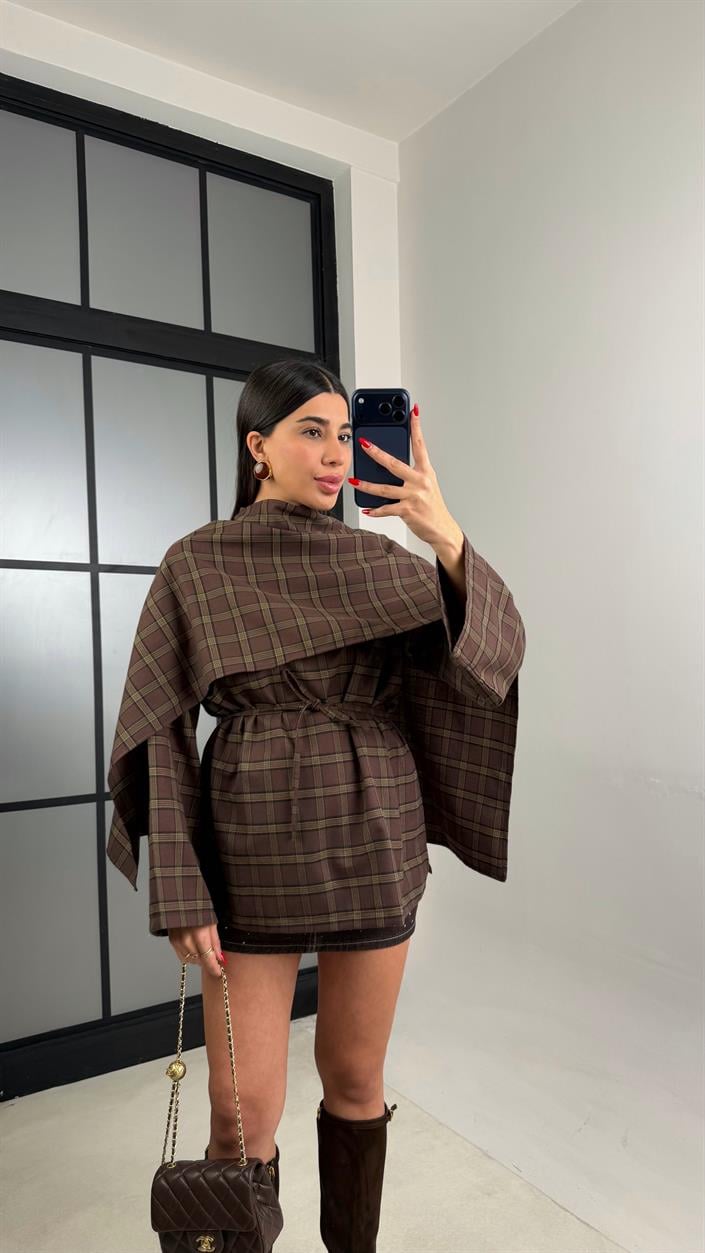 Kahve Atkı Detaylı Kuşaklı Tasarım Ekoseli Gömlek GAUS-01058