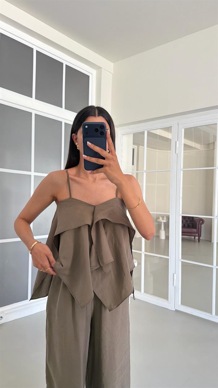 Haki Fırfırlı Bluz Beli Lastikli Pantolon İkili MD Muadil Tencel Takım GAUS-01605