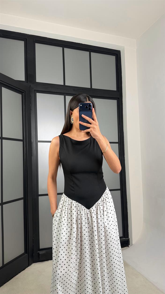 Siyah Belden Oturtmalı Puantiyeli Elbise PNY07 GAUS-01326