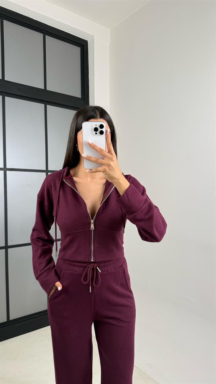 Mürdüm Hırka Beli Lastikli Pantolon İkili Selanik Kumaş Takım GAUS-00523