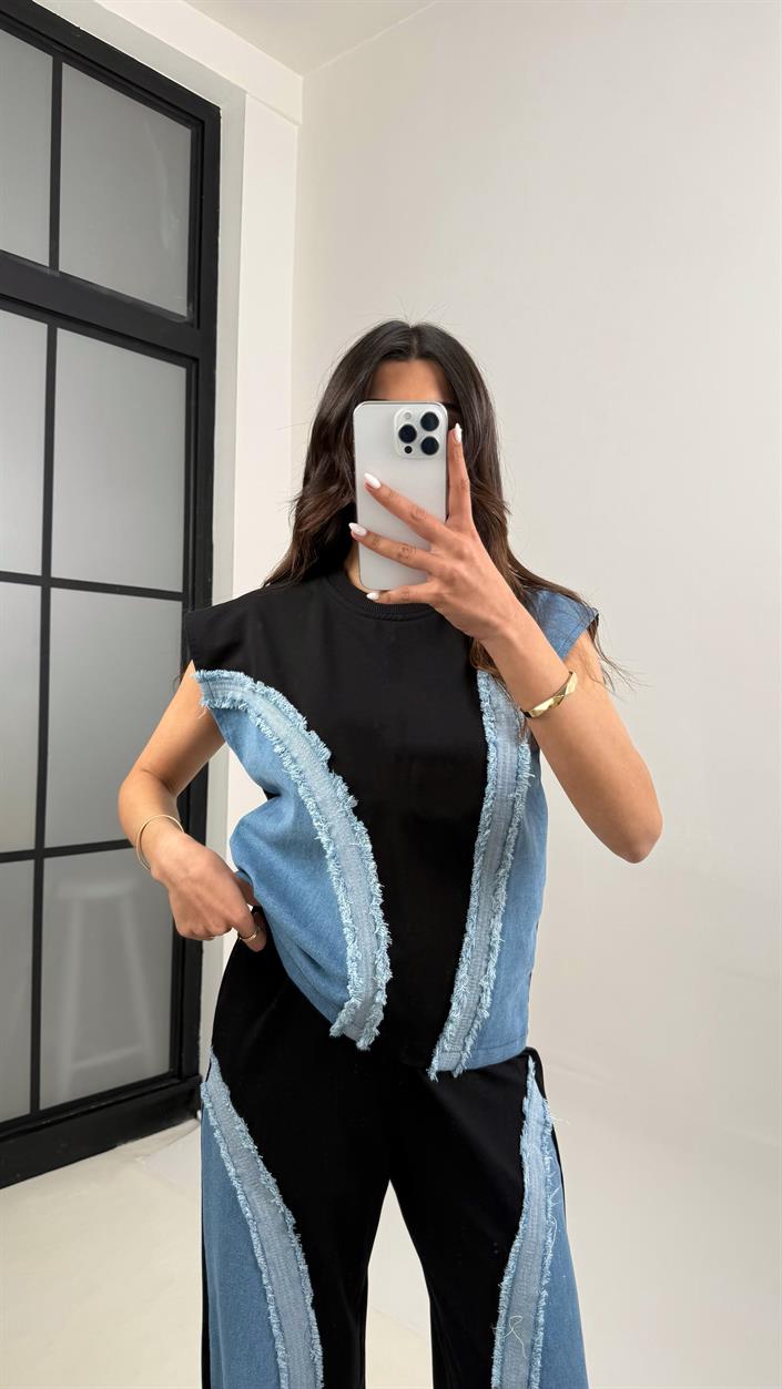 Siyah Dalga Desen Püskül Detaylı Denim Tasarım Takım Gaus00342