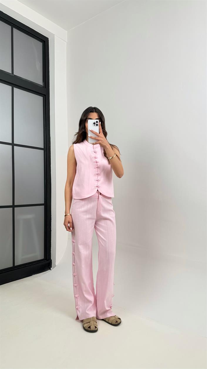 Pembe Düğmeli Tasarım Yelek Pantolon Keten Takım Gaus00339
