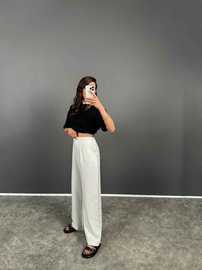 Beyaz GK Gold Düğmeli Beli Lastikli Pantolon 