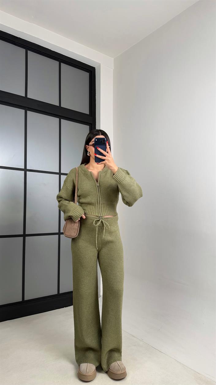 Yeşil Çift Fermuarlı Hırka Pantolon Triko Takım GAUS-00951