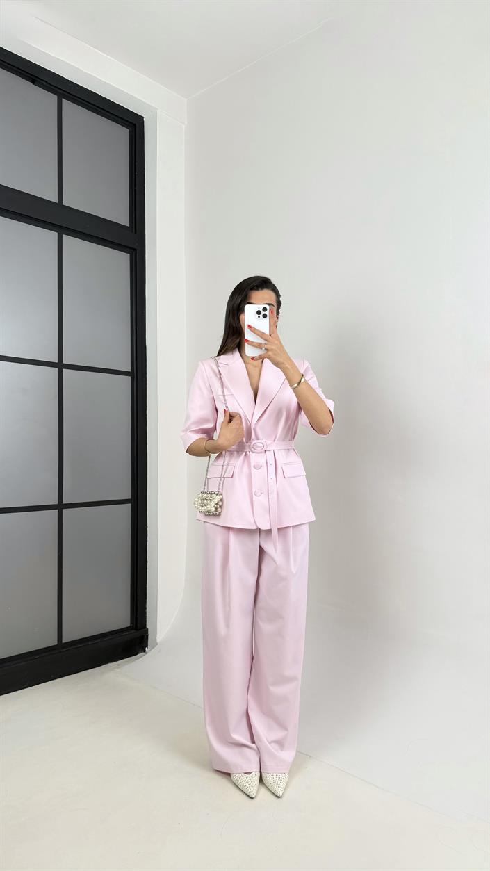 Pembe Yarım Kol Astarlı Vatkalı Kemerli Ceket Pantolon İkili Premium Takım Gaus00453