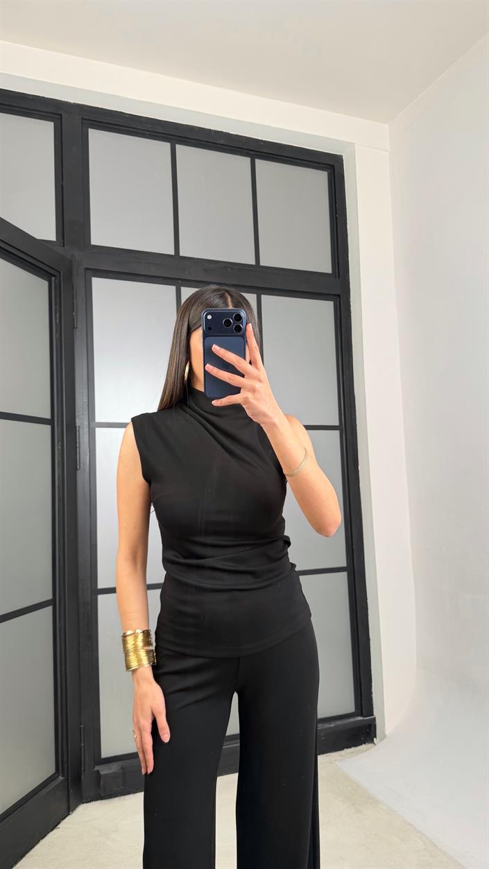 Siyah Sıfır Kol Bluz Beli Lastikli Pantolon Modal Takım GAUS-01348